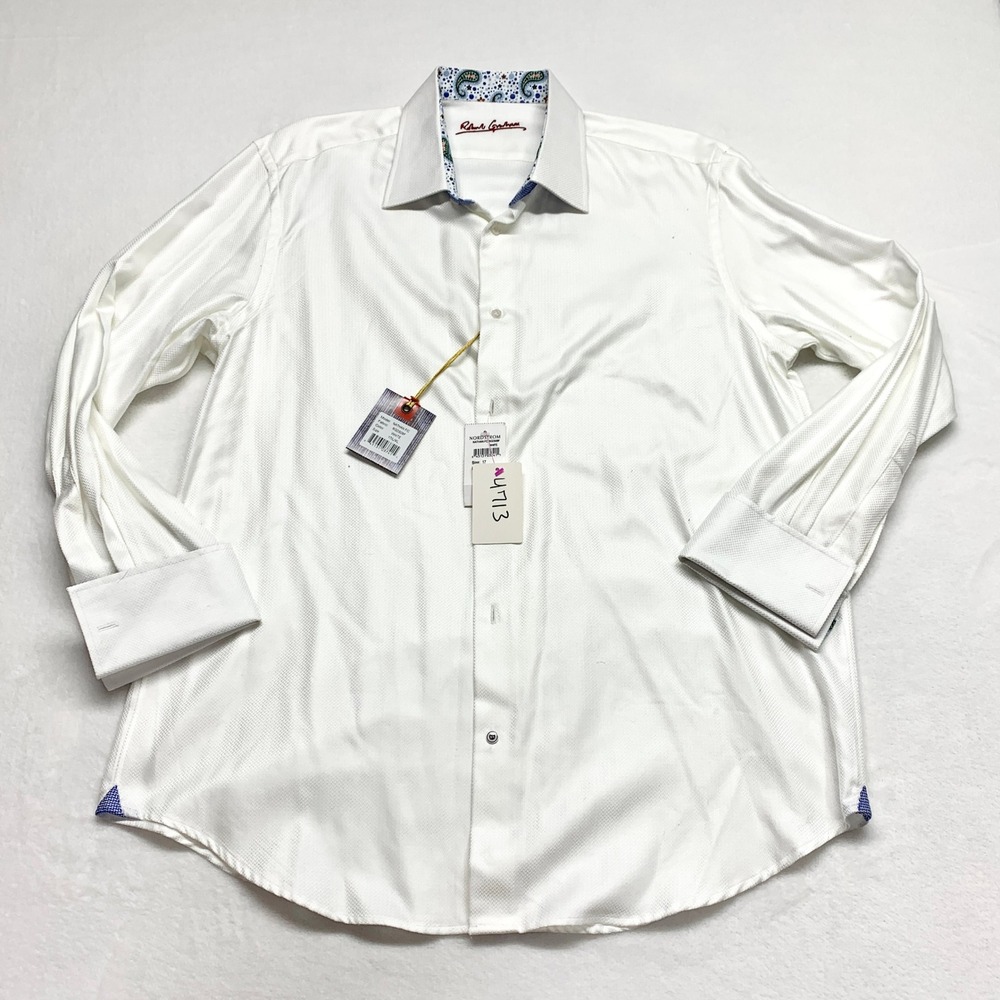 Robert Graham Nathan White Chevron Dress Shirt Mens Sz 17 L/XL French Cuffs